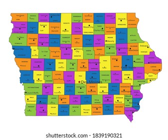 Colorido mapa político de Iowa con capas claramente etiquetadas y separadas. Ilustración vectorial.