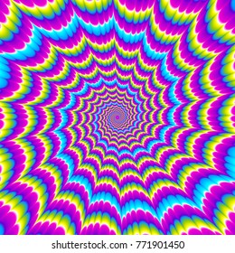 Colorful iridescent background with blue spirals. Motion illusion.