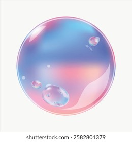 A colorful, iridescent bubble with a glossy surface. The bubble displays a gradient of pink, blue, and purple hues. Multiple smaller bubbles float nearby. 3D bubble vector.