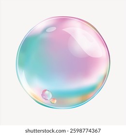 A colorful, iridescent bubble with a shiny surface. The bubble displays a rainbow of colors, with a smooth, reflective texture. Bubble art with vibrant hues. Vector element.