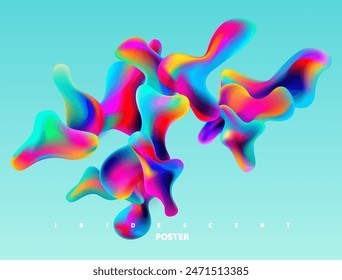 Colorful iridescent bubbles on blue background. Set of isolated holographic liquid shapes.