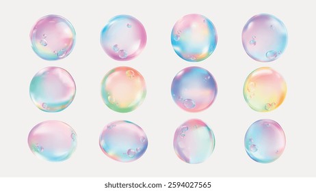 Colorful iridescent bubbles in pastel hues. Shiny bubbles with rainbow reflections. Twelve bubbles, each with unique colors and patterns. Iridescent and colorful. Soap bubble element vector set.