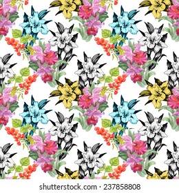 Colorful iris flowers Seamless pattern on white background vector illustration