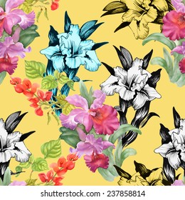 Colorful iris flowers Seamless pattern on yellow background vector illustration