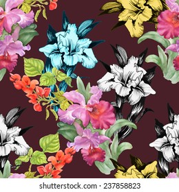Colorful iris flowers Seamless pattern on brown background vector illustration