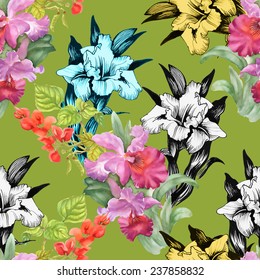 Colorful iris flowers Seamless pattern on green background vector illustration