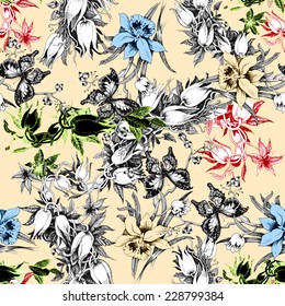 Colorful iris seamless pattern with butterflies and flowers on yellow background vector illustration