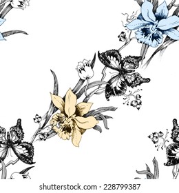 Colorful iris seamless pattern with butterflies and flowers on white background vector illustration