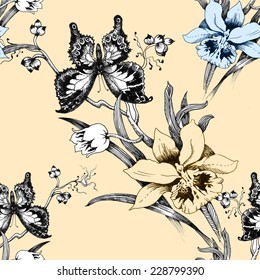 Colorful iris seamless pattern with butterflies and flowers on beige background vector illustration