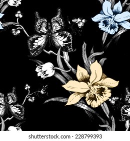 Colorful iris seamless pattern with butterflies and flowers on black background vector illustration