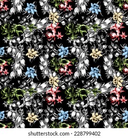 Colorful iris seamless pattern with butterflies and flowers on black background vector illustration