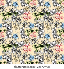 Colorful iris seamless pattern with butterflies and flowers on yellow background vector illustration