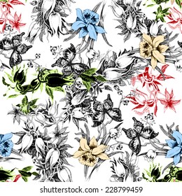 Colorful iris seamless pattern with butterflies and flowers on white background vector illustration