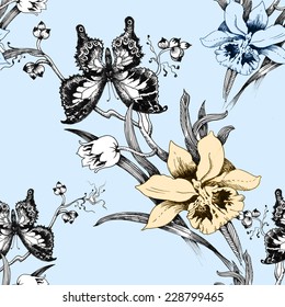 Colorful iris seamless pattern with butterflies and flowers on blue background vector illustration