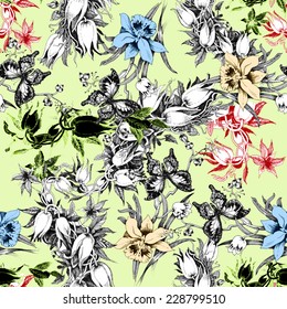 Colorful iris seamless pattern with butterflies and flowers on green background vector illustration