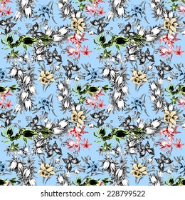 Colorful iris seamless pattern with butterflies and flowers on blue background vector illustration