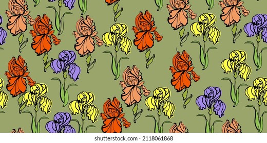 El patrón de los iris coloridos es impecable. Ornamentos retro decorativos. Vintage florece textil. 