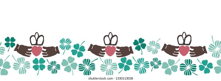 Colorful Irish symbols horizontal border with Claddagh ring and shamrocks. Vector