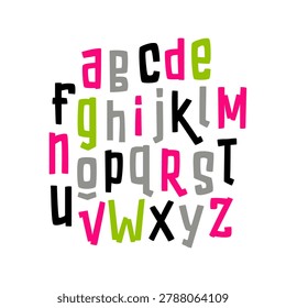 Colorful irregular alphabet composition with playful handmade letters in Memphis inspired style. Vibrant vector typography artwork for kids branding, creative posters, indie magazines and fun editorial projects.