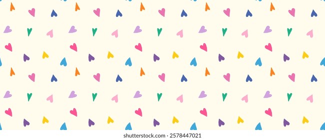 Colorful irregular hearts, doodle summer seamless vector pattern, Multicolored abstract grungy background for kids and baby designs