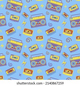 Colorful irregular seamless cassette pattern, retro tape recorder. Vintage style 80s and 90s. Background, bright vector illustration