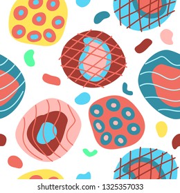 Colorful Irregular Shapes Circles Lines and Dots Seamless Vector Pattern