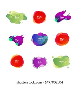 Colorful irregular shapes set. Modern abstract blob figures with sample text. Trendy minimal templates for presentations, flyers, apps and websites. Vector illustration