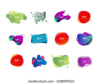 Colorful irregular shapes set. Modern abstract blob figures with sample text. Trendy minimal templates for presentations, flyers, apps and websites. Vector illustration