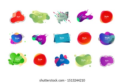 Colorful irregular shapes set. Modern abstract blob figures with sample text. Trendy minimal templates for presentations, flyers, apps and websites. Vector illustration