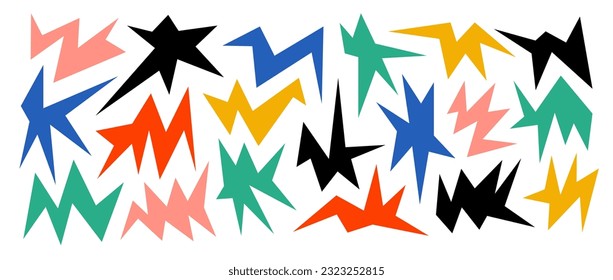 Colorful irregular sharp shapes set. Abstract bright geometric edgy elements collection. Asymmetric angular forms for banner, collage, poster, sticker, flyer, template. Design bundle vector. 