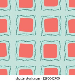 Colorful irregular square shapes in a grid pattern, mint green, blue and orange. Seamless repeating vector pattern, great for textiles, fashion, gift wrapping paper, graphic design projects and paper.
