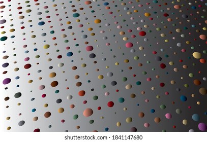 Colorful, irregularly shaped dots comprising loose, 3D distorted askew plane pattern