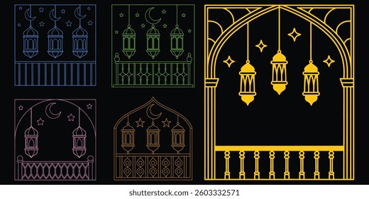 Colorful Islamic Architecture Illustrations with Lanterns and Moons