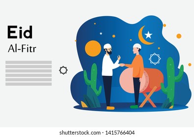 colorful Islamic background or pattern, light dark, star moon, two people who are hugging and shaking hands on Islamic holidays, wearing Muslim clothes, flat design
