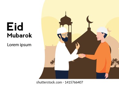 colorful Islamic background or pattern, light dark, star moon, two people who are hugging and shaking hands on Islamic holidays, wearing Muslim clothes, flat design
