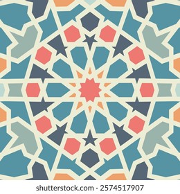 A colorful Islamic geometric pattern featuring symmetrical star motifs in pink, blue, and beige tones with intricate details. Seamless pattern.