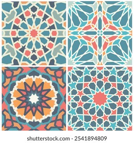 Colorful Islamic geometric patterns with blue, red, and orange accents in traditional designs. Seamless pattern.