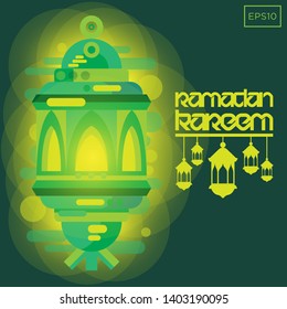 Colorful Islamic Lantern with Glowing Effect and Ramadan Kareem Lettering Design. Vector Illustration.