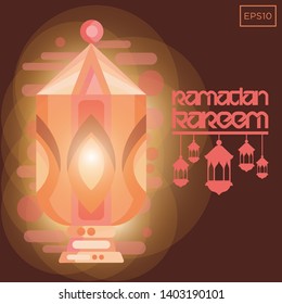 Colorful Islamic Lantern with Glowing Effect and Ramadan Kareem Lettering Design. Vector Illustration.