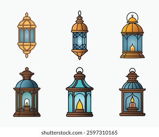 Colorful islamic lantern icon bundle set in flat isolated vector illustration pack for eid celebration