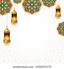colorful islamic ornament jumma eid mubarak ramadan lantern background banner. Translation: "Muslim fasting month and celebration day after fasting".