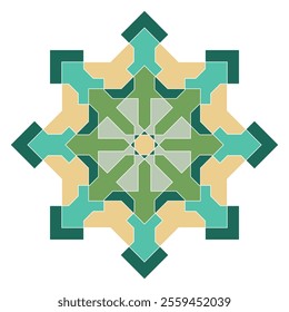 Colorful Islamic ornamental mandala. Modern Islam, Arabic, Indian, Turkish, Pakistan, Chinese, and Ottoman decoration motifs. Green geometric mandala star.