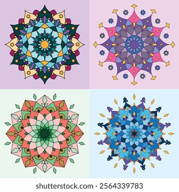 Colorful Islamic ornamental mandala set. Modern Islam, Arabic decoration motifs. Abstract geometric flowers mandala collection.
