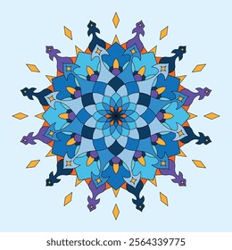 Colorful Islamic ornamental mandala star. Modern Islam, Arabic decoration motifs. Abstract flower mandala with blue and purple colors.
