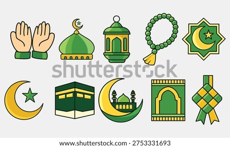 Colorful Islamic Ramadan and Eid Icons Set with Kaaba Crescent Mosque Lantern and Prayer