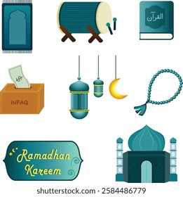Colorful Islamic Ramadan Icons Set. Set of icons of Al-Quran, mosque, prayer beads, prayer mat, infaq box, and lantern.