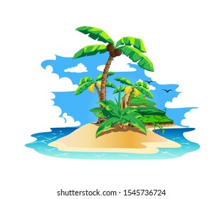 Colorful island with pirate treasures. Vector illustration on a white background.