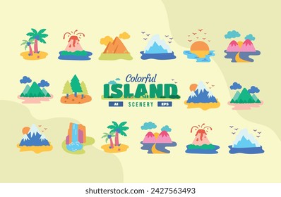 Colorful Island Scenery Illustration Vector Set