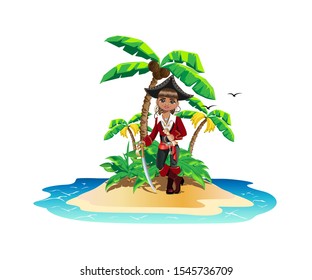 Colorful island in the sea with palm trees and pirate treasures. Fairytale adventures and travels. Vector illustration on a white background.