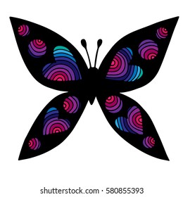 Colorful isolated butterfly with heart on the wing for tattoo, coloring book. Can be used for card, invitation, posters, placards, banners.